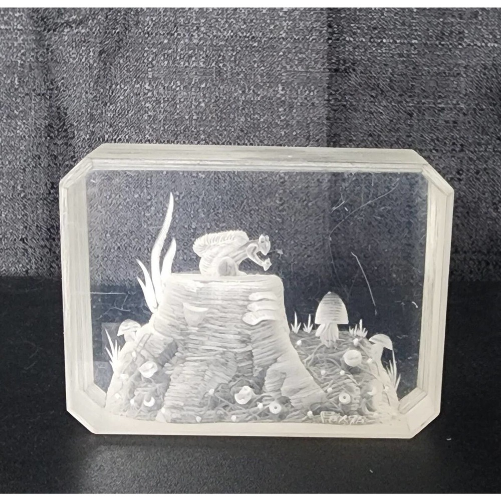 1973 Signed Ronald FOX Lucite SQUIRREL Mushrooms Forest Acrylic Etched Engraved